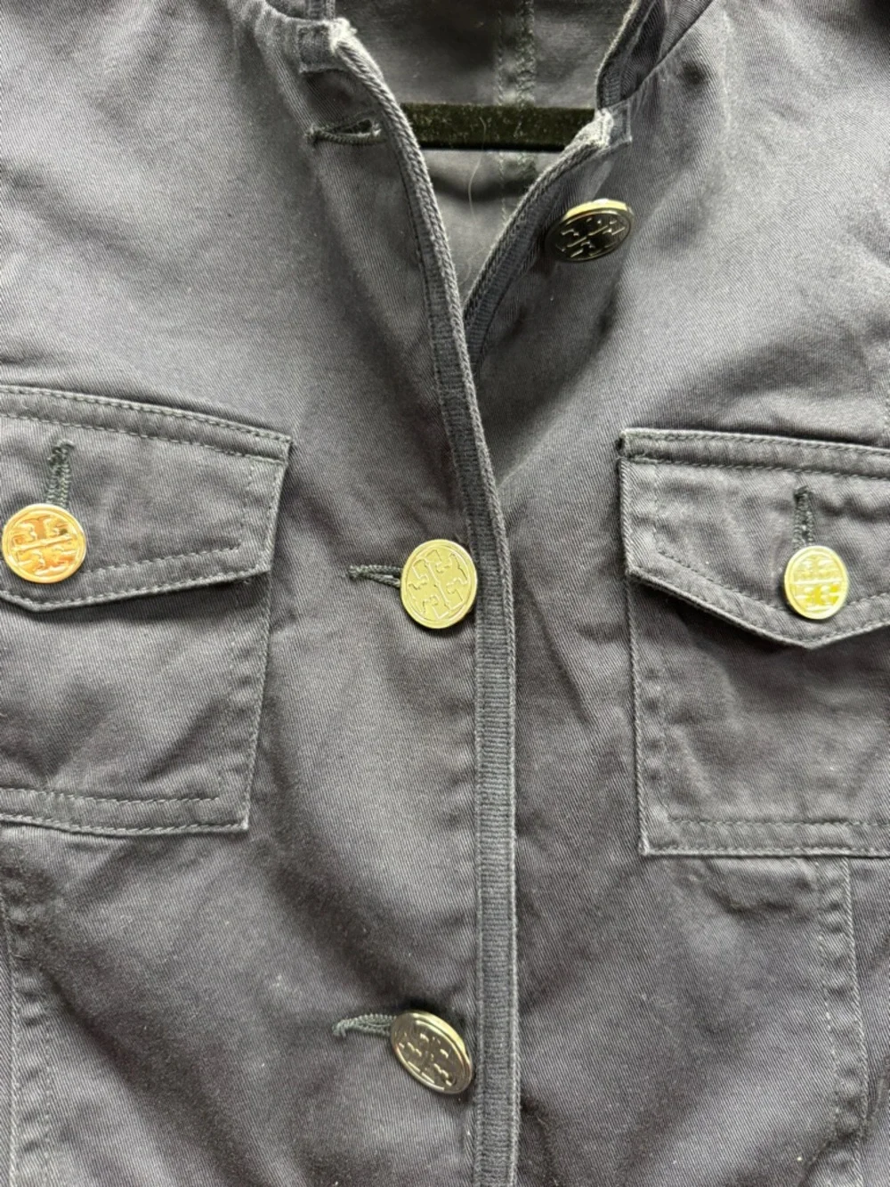 Tory Burch Dark Navy Utility Jacket with Silver Logo Buttons